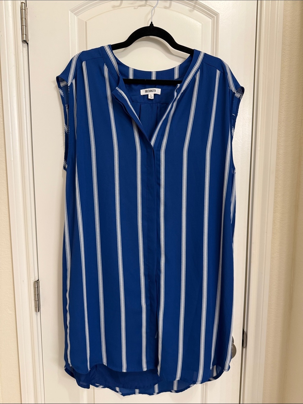 BB Dakota Cobalt Blue and White Vertical Stripe Sleeveless Tunic Dress